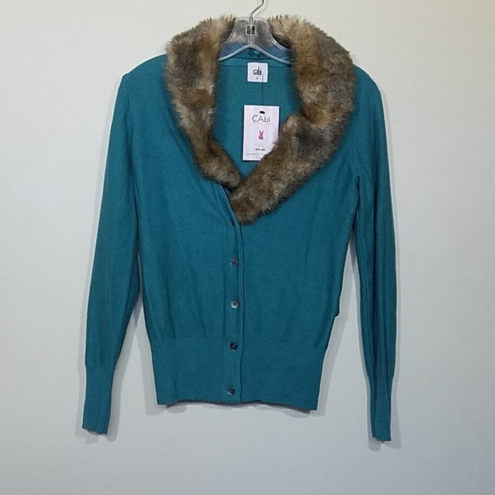 Cabi Tearoom Cardigan Detachable Fur Collar Teal Size XS